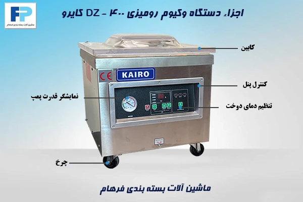 تصویر اجزاء و بخشهای مختلف دستگاه وکیوم رومیزی DZ-400 کایرو شامل کنترل PLC، فک دوخت و پمپ